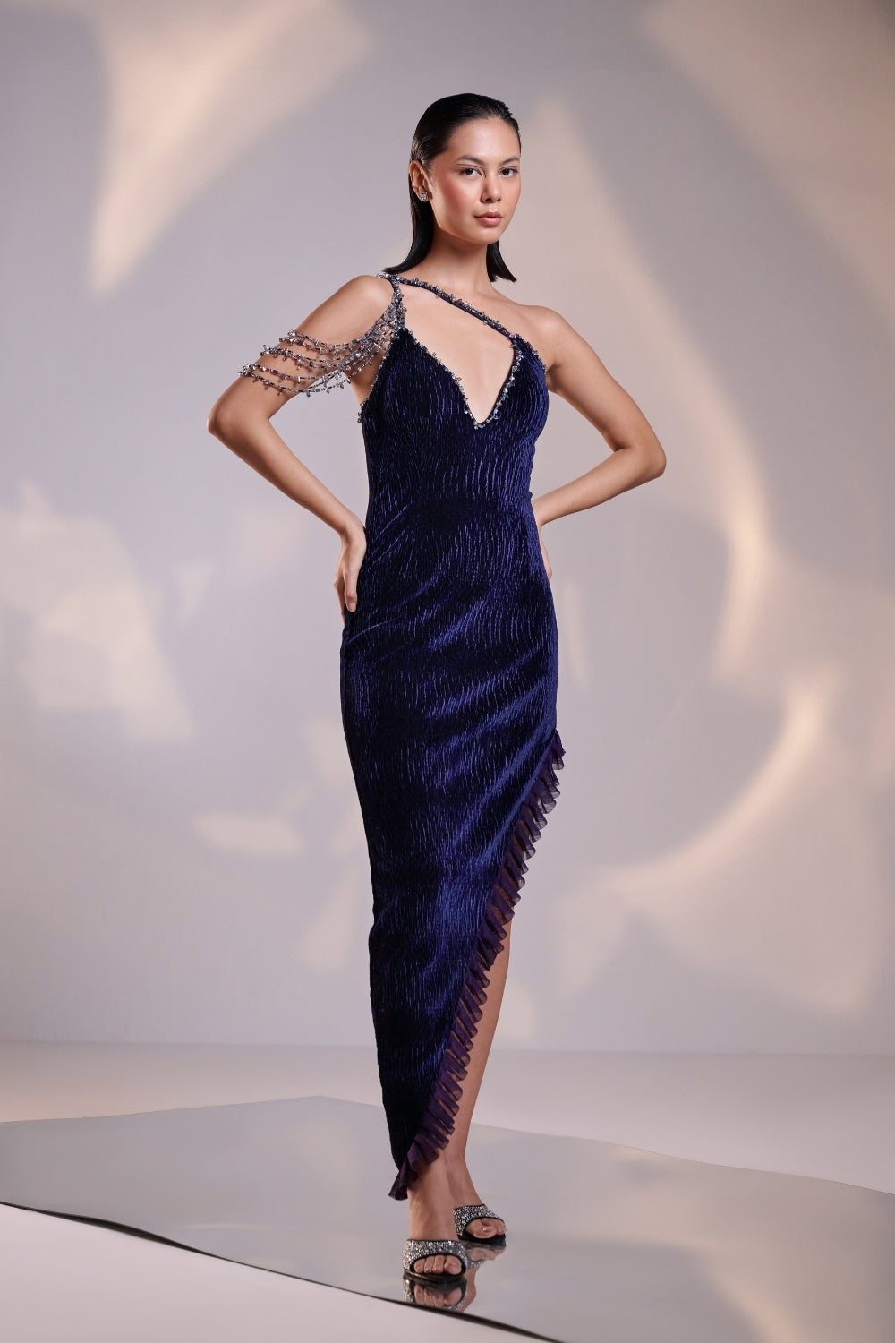 Midnight Blue Asymmetric Ruffled Hemline Dress