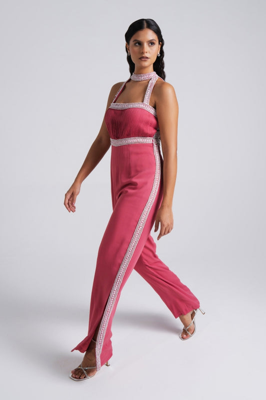 Elegant Halter-Neck Jumpsuit with Embellished Detailing