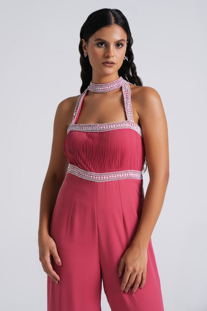 Elegant Halter-Neck Jumpsuit with Embellished Detailing