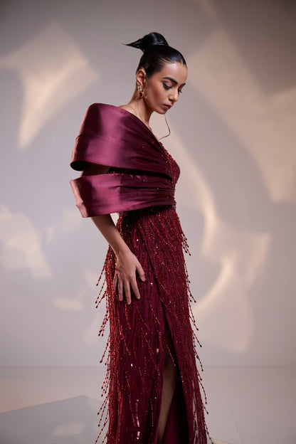 Crimson Radiance Sequined Off-Shoulder Gown