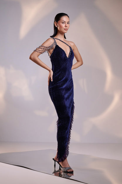 Midnight Blue Asymmetric Ruffled Hemline Dress