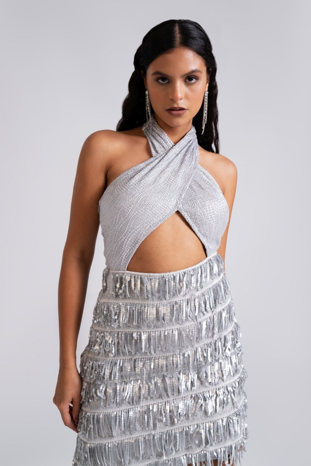 Silver Halter-Neck Fringe Cocktail Dress