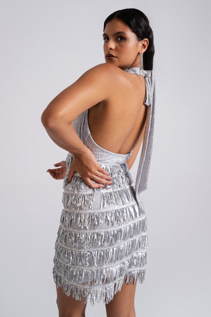 Silver Halter-Neck Fringe Cocktail Dress