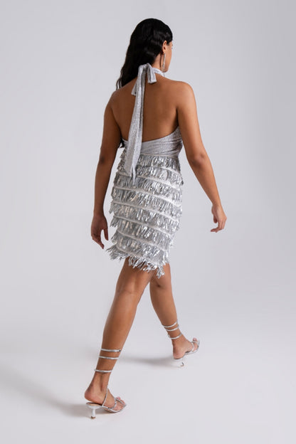 Silver Halter-Neck Fringe Cocktail Dress