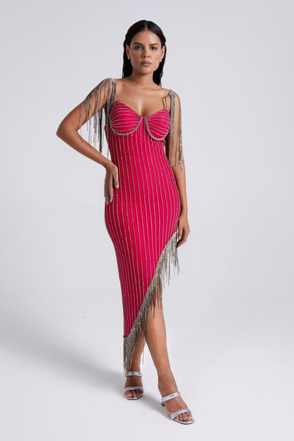 Fringe Embellished Hot Pink Bodycon Asymmetric Dress