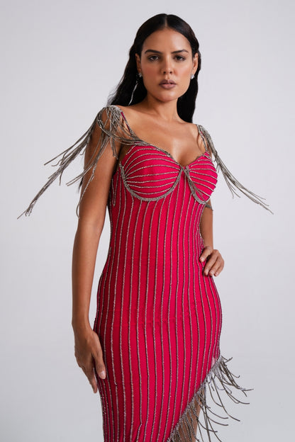Fringe Embellished Hot Pink Bodycon Asymmetric Dress