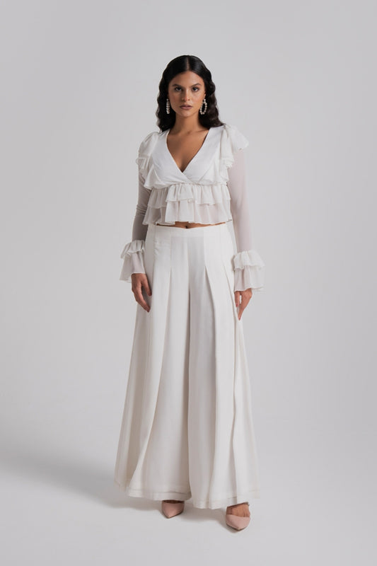 White Georgette Tiered Crop Top & Pants Co-ord set