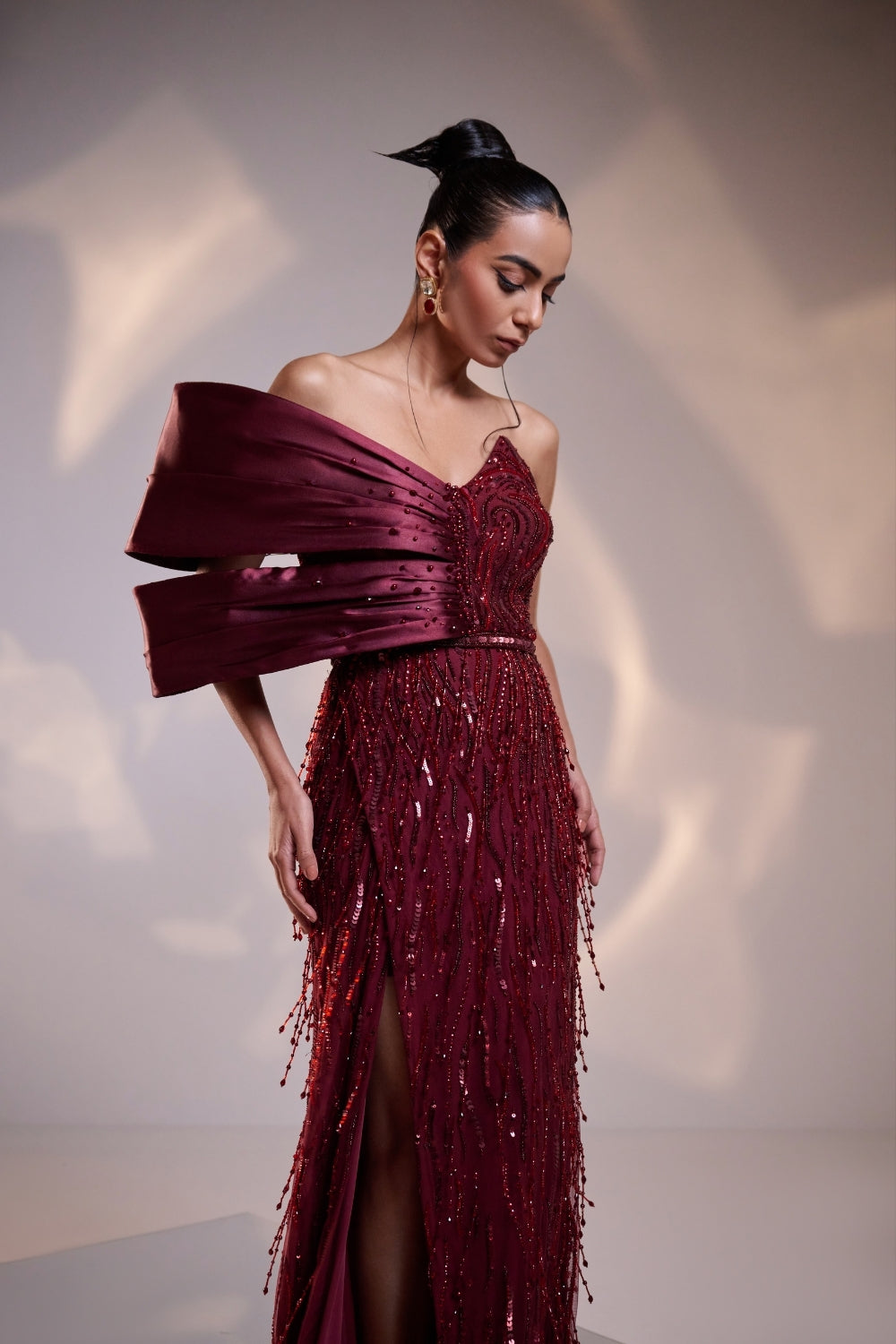 Crimson Radiance Sequined Off-Shoulder Gown