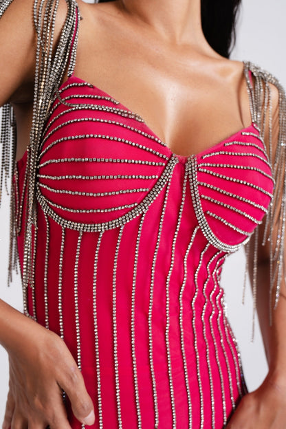 Fringe Embellished Hot Pink Bodycon Asymmetric Dress