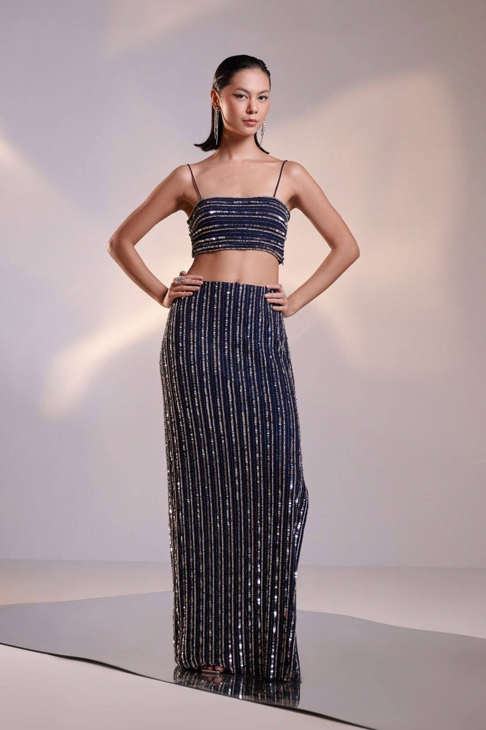 Midnight Blue Hand-Embellished Crop Top and Skirt Set