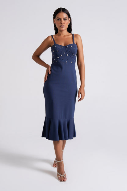 Navy Embellished Sweetheart Midi Dress