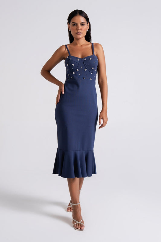 Navy Embellished Sweetheart Midi Dress