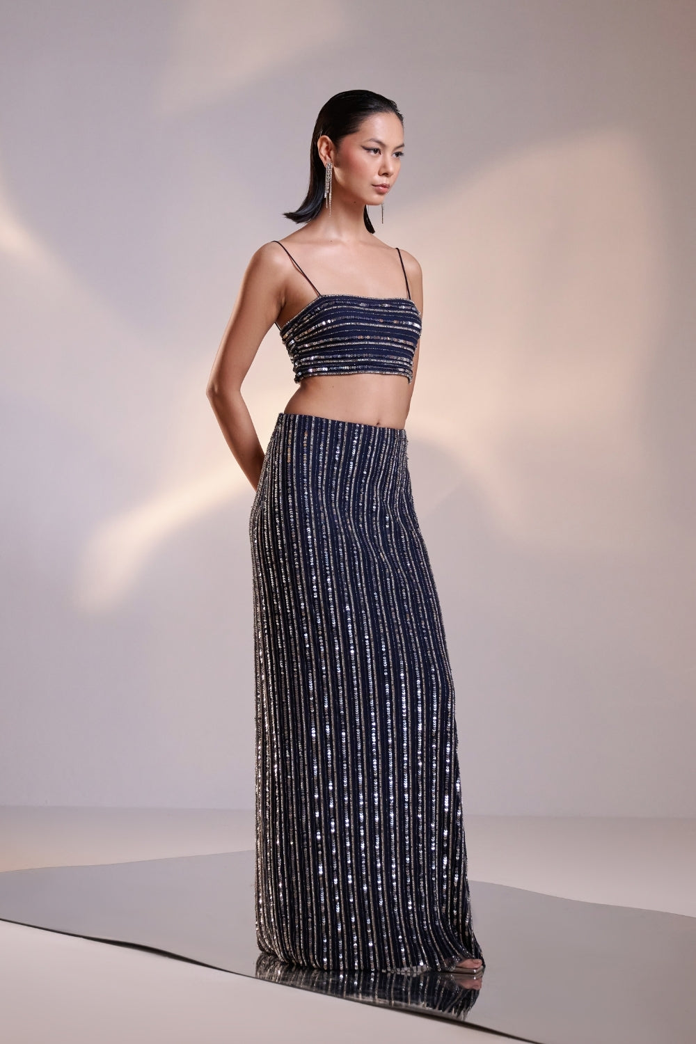 Midnight Blue Hand-Embellished Crop Top and Skirt Set