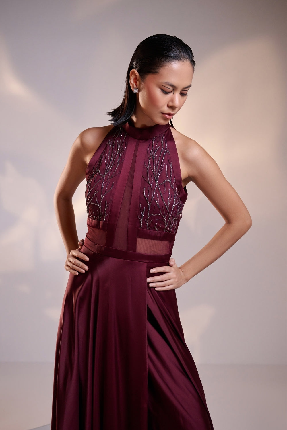 Wine Mist Halter-Neck Flowy Evening Gown