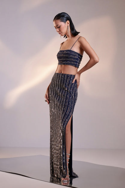 Midnight Blue Hand-Embellished Crop Top and Skirt Set