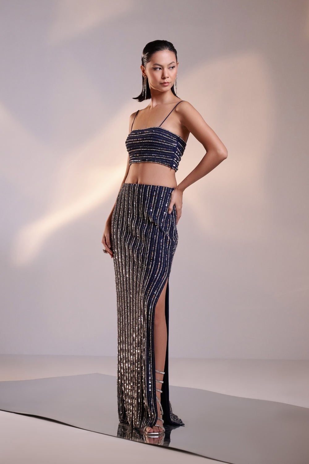 Midnight Blue Hand-Embellished Crop Top and Skirt Set