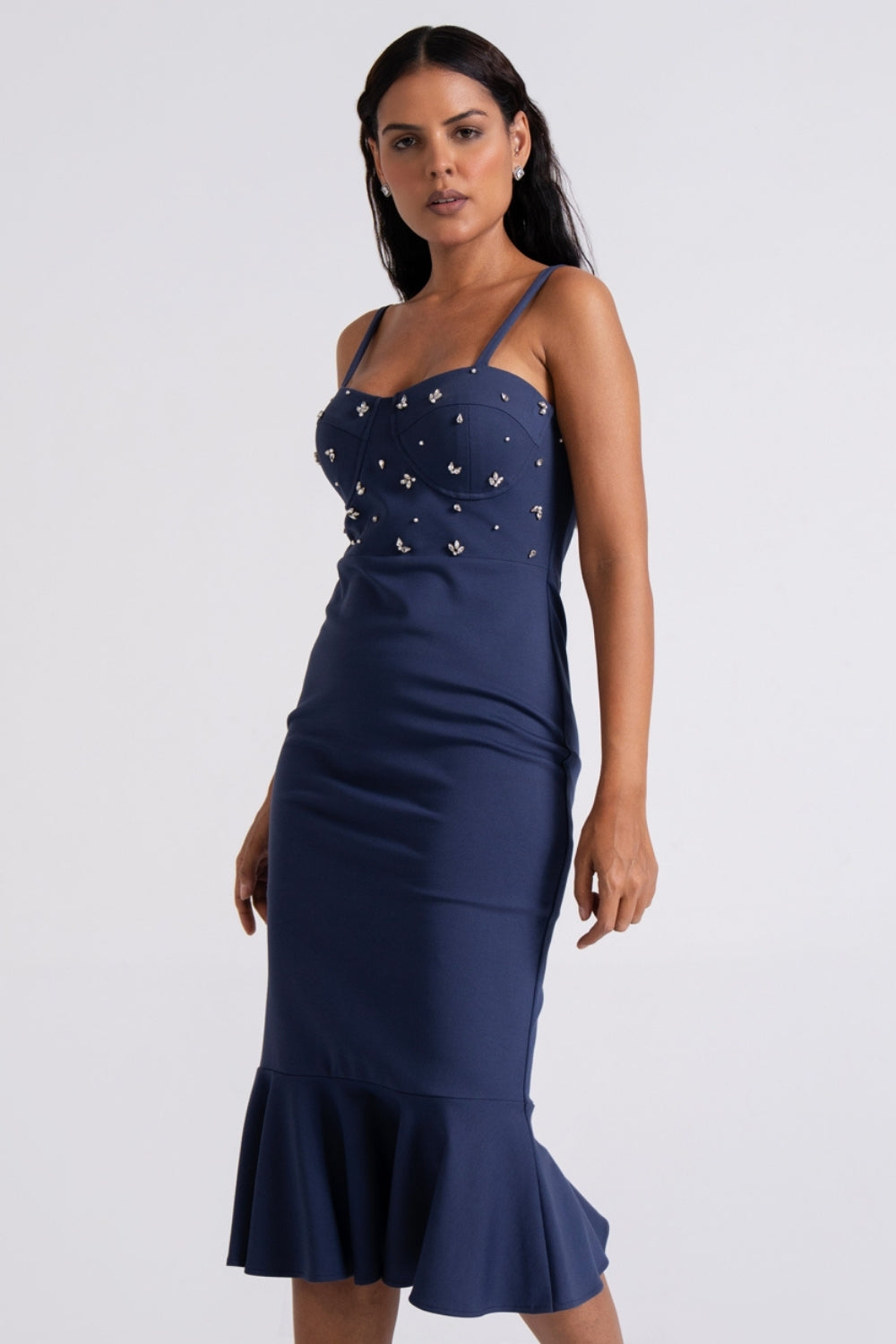 Navy Embellished Sweetheart Midi Dress