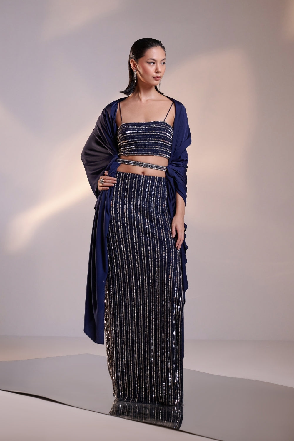 Midnight Blue Hand-Embellished Crop Top and Skirt Set