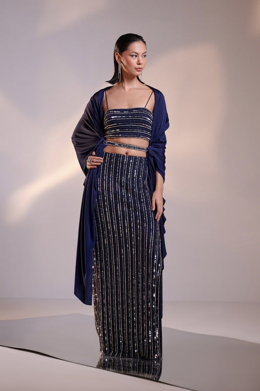 Midnight Blue Hand-Embellished Crop Top and Skirt Set
