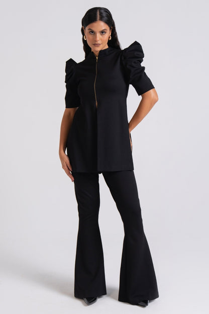 Black Puff Sleeve Tunic with Flared Trousers