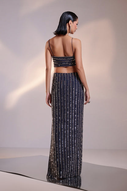 Midnight Blue Hand-Embellished Crop Top and Skirt Set