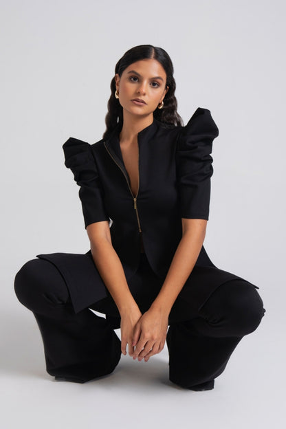 Black Puff Sleeve Tunic with Flared Trousers