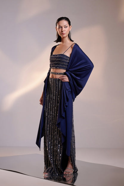 Midnight Blue Hand-Embellished Crop Top and Skirt Set