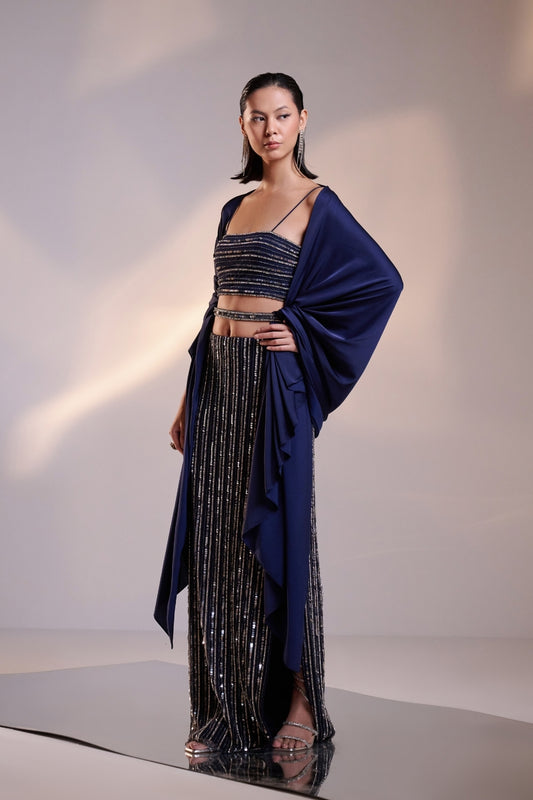 Midnight Blue Hand-Embellished Crop Top and Skirt Set