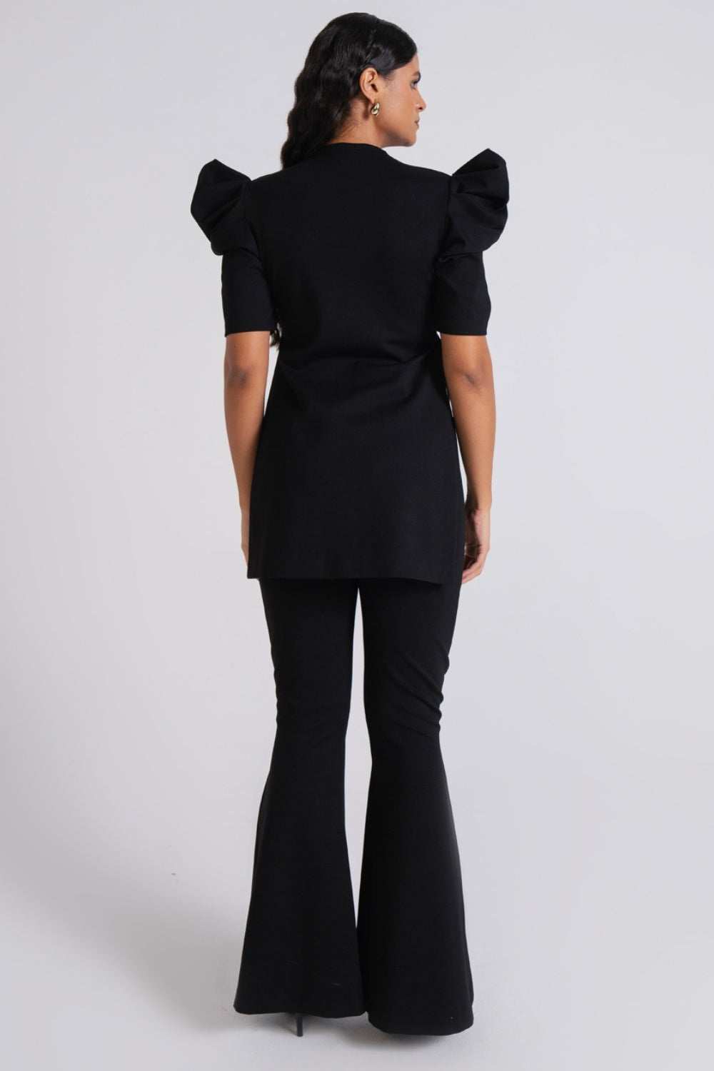 Black Puff Sleeve Tunic with Flared Trousers