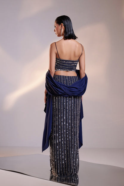 Midnight Blue Hand-Embellished Crop Top and Skirt Set