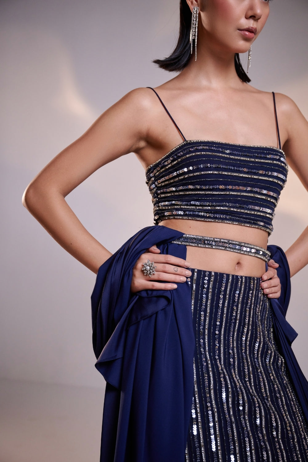 Midnight Blue Hand-Embellished Crop Top and Skirt Set