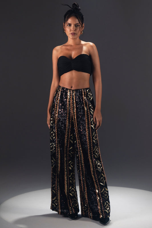 Multicolor Sequin Patterned Wide-Leg Pants
