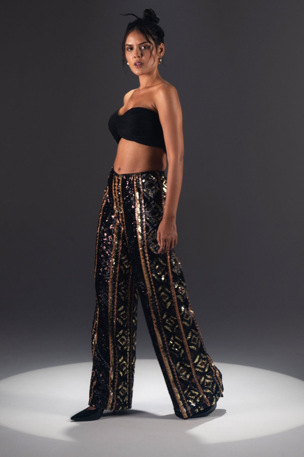 Multicolor Sequin Patterned Wide-Leg Pants