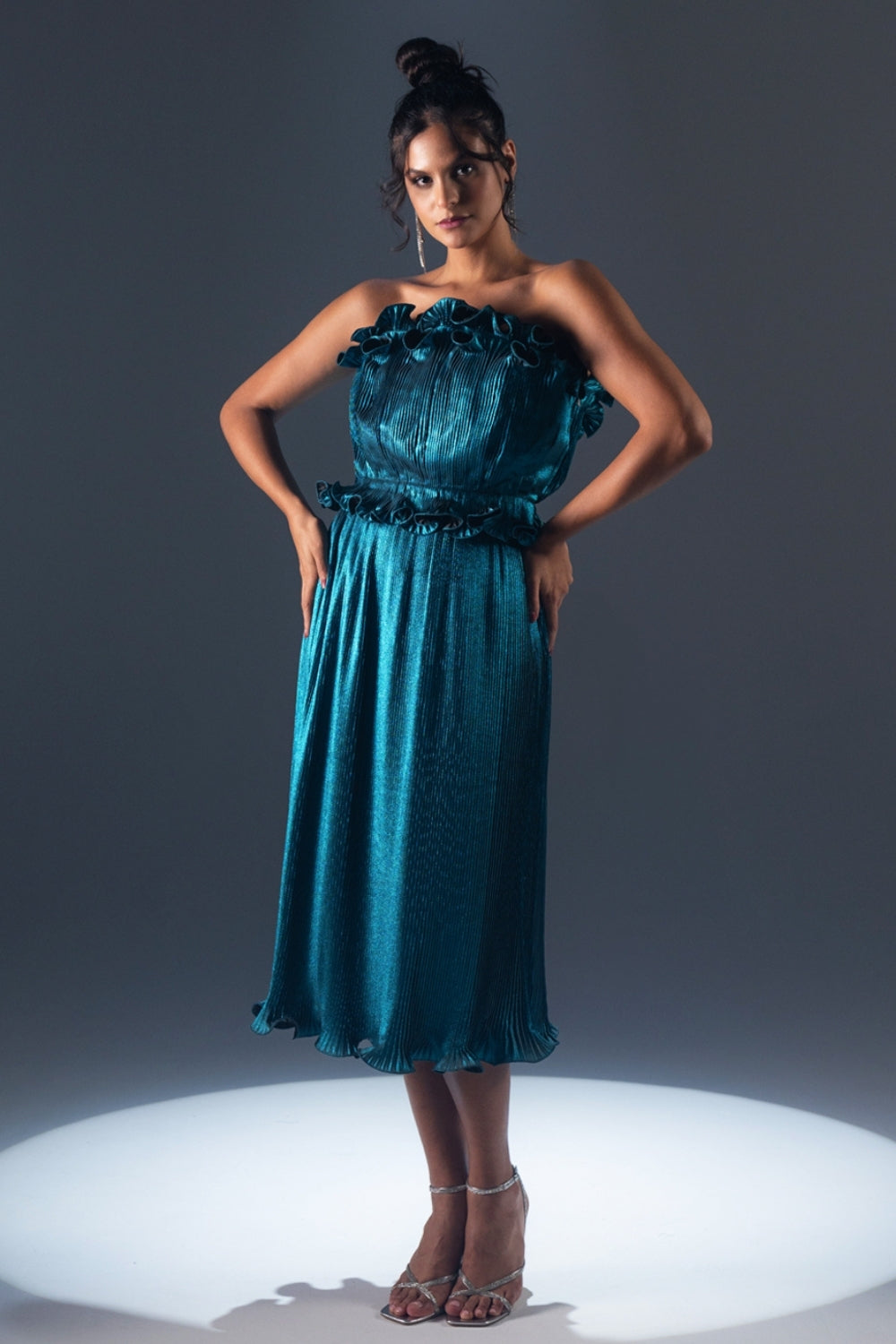 Metallic Teal Ruffled Strapless Midi Dress