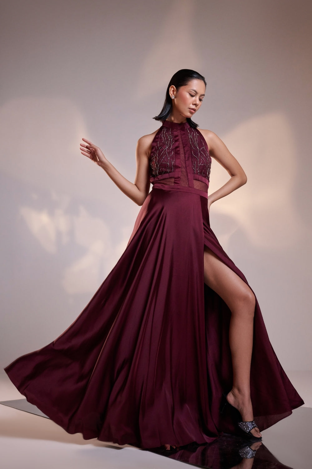 Wine Mist Halter-Neck Flowy Evening Gown