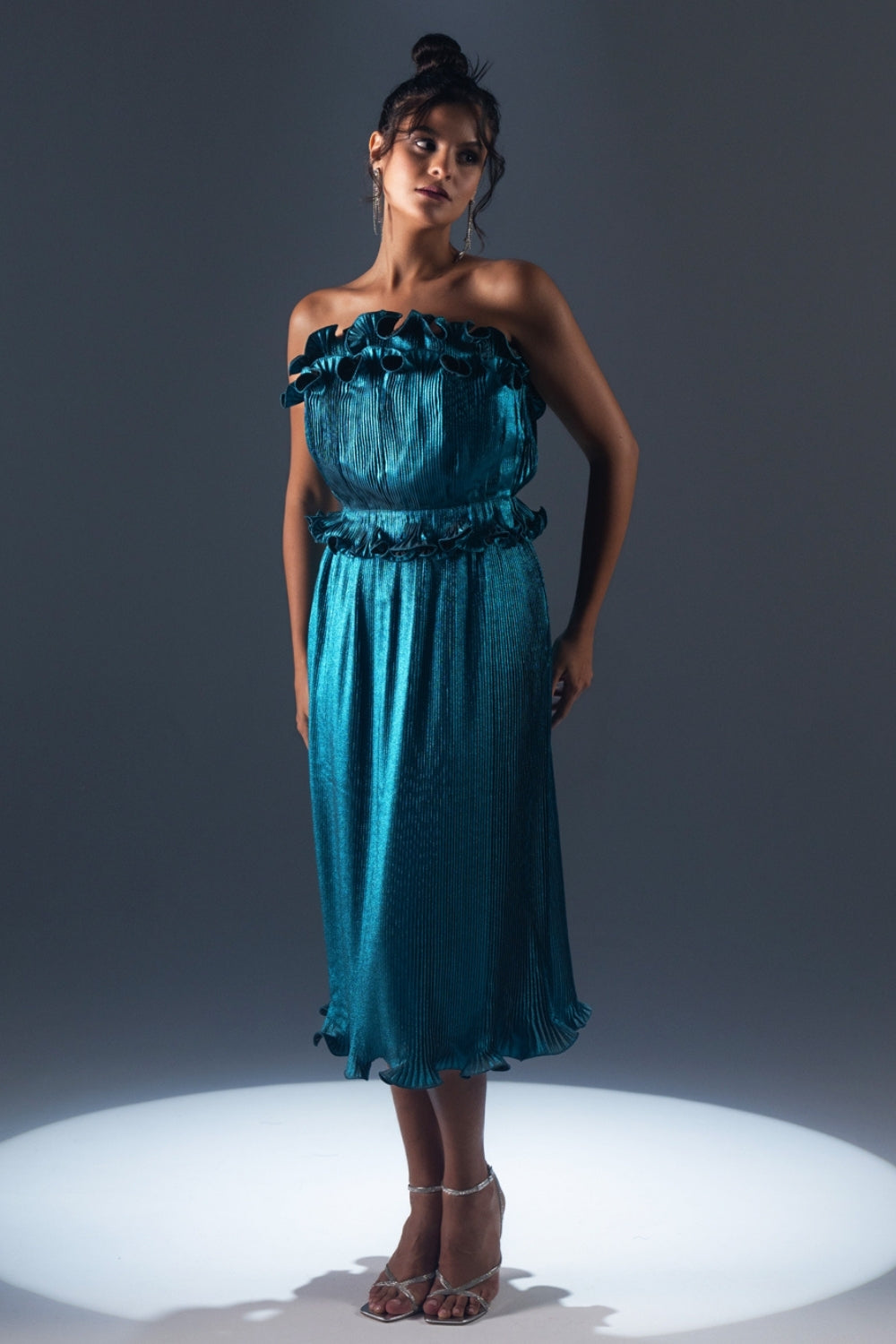 Metallic Teal Ruffled Strapless Midi Dress