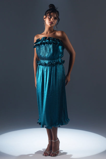 Metallic Teal Ruffled Strapless Midi Dress