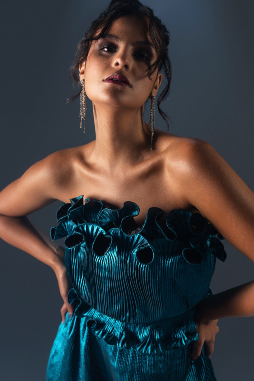 Metallic Teal Ruffled Strapless Midi Dress