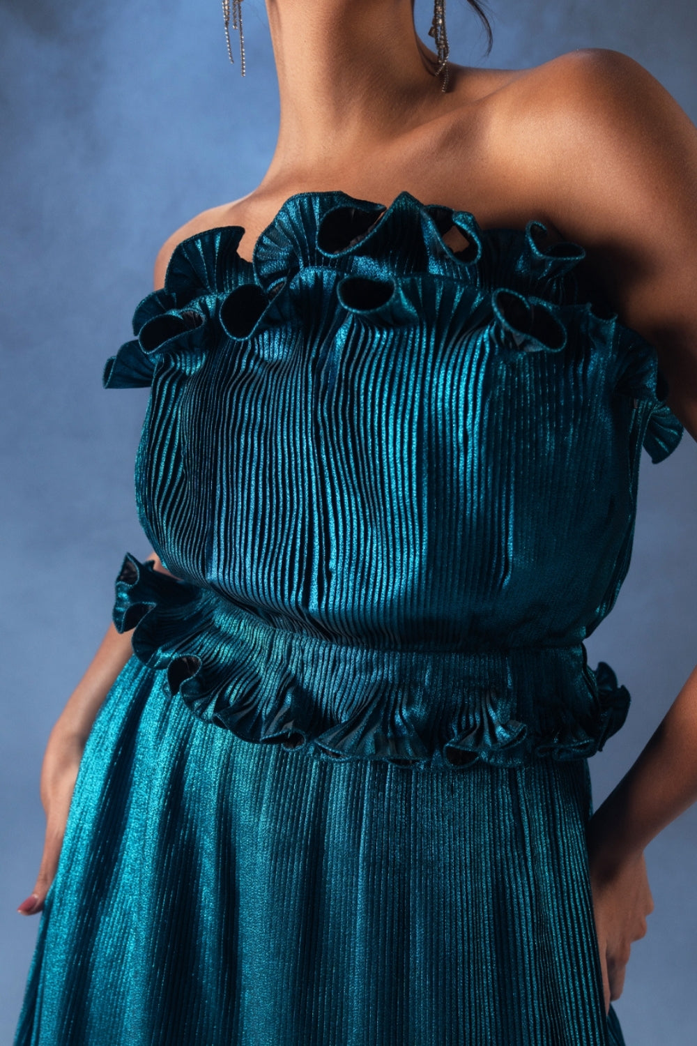 Metallic Teal Ruffled Strapless Midi Dress