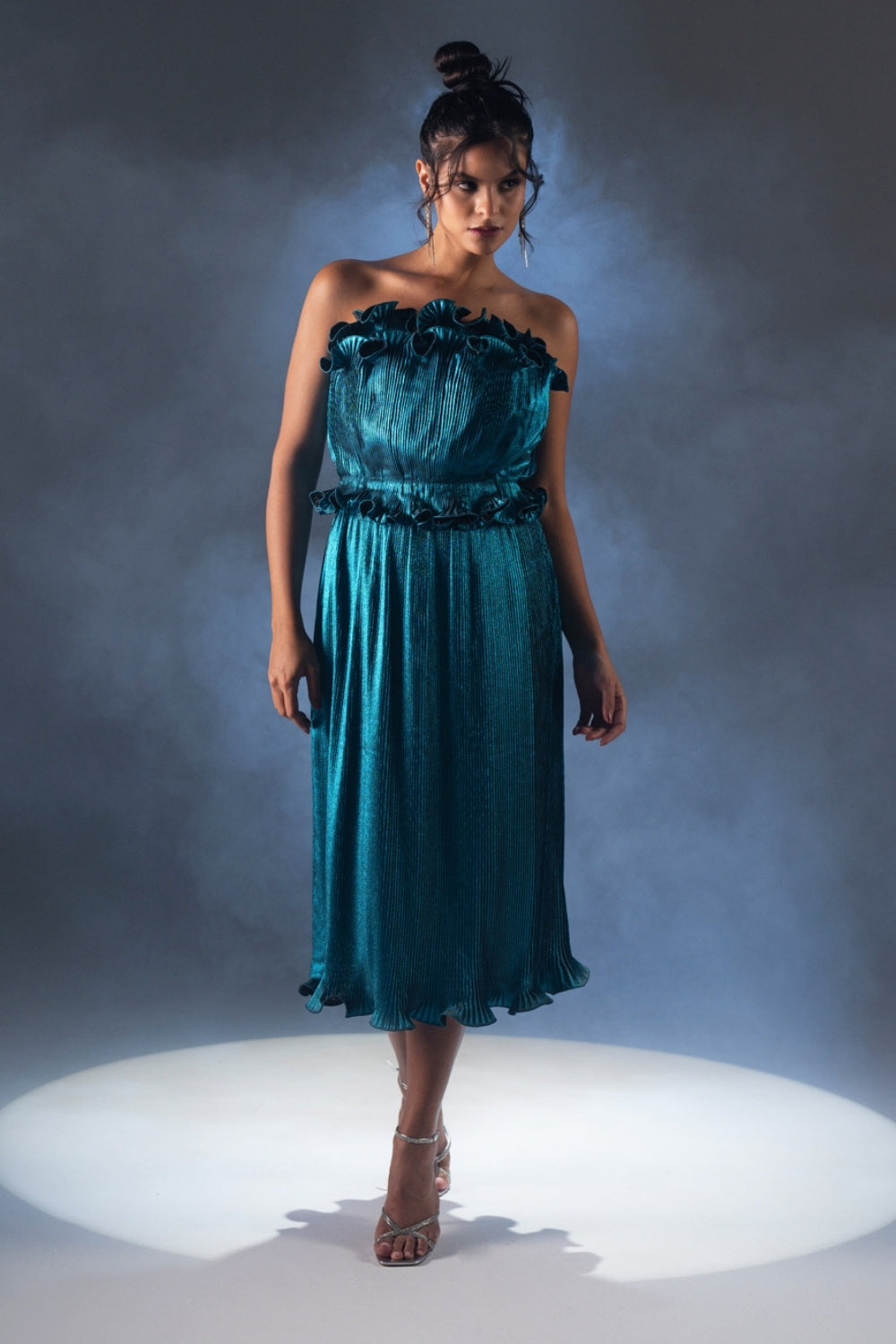 Metallic Teal Ruffled Strapless Midi Dress