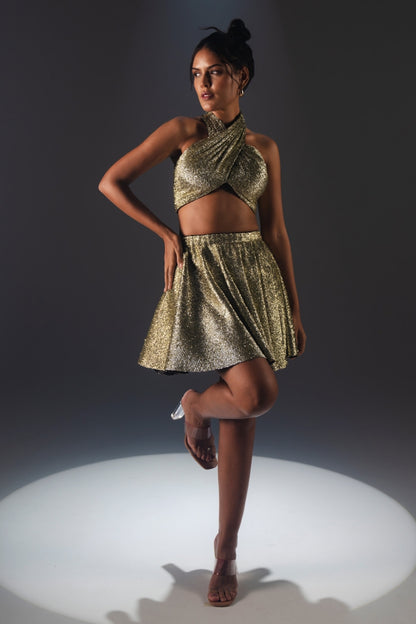 Metallic Gold Criss-Cross Crop Top and Skirt Set