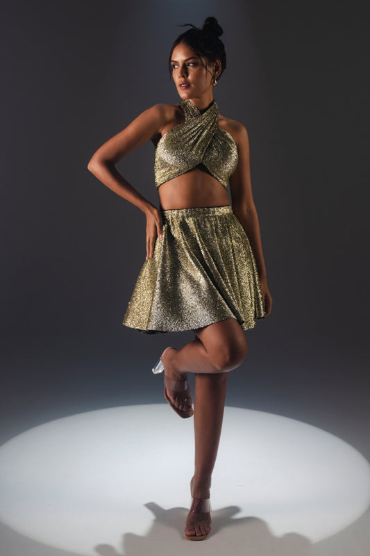 Metallic Gold Criss-Cross Crop Top and Skirt Set