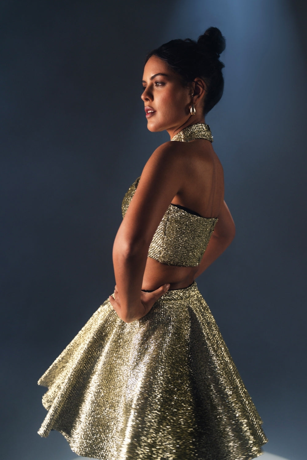 Metallic Gold Criss-Cross Crop Top and Skirt Set