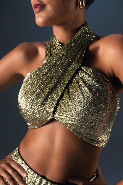 Metallic Gold Criss-Cross Crop Top and Skirt Set