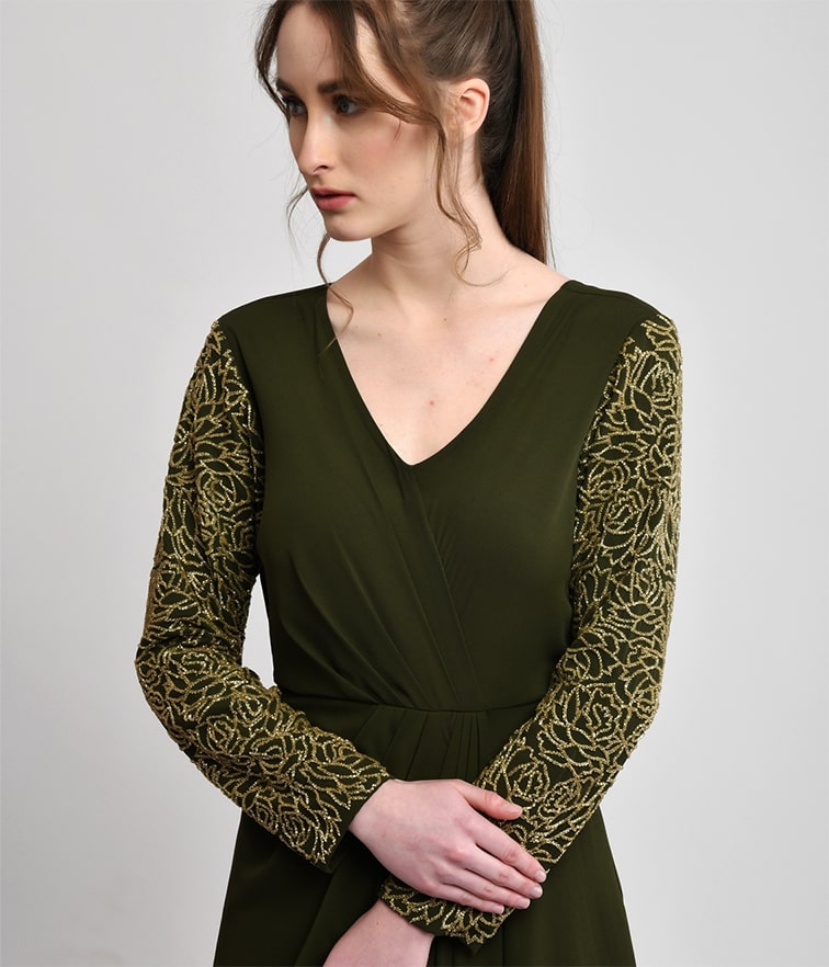 Deep Olive Green Embellished Draped Gown