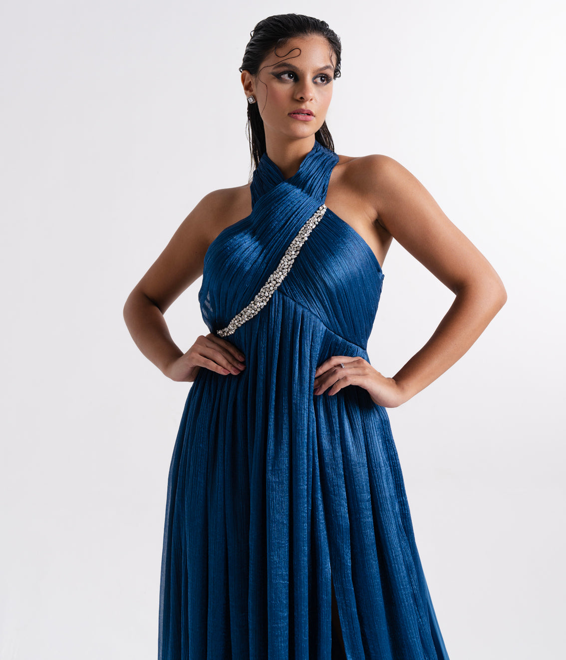 Teal Blue Draped Sheer Saree Set