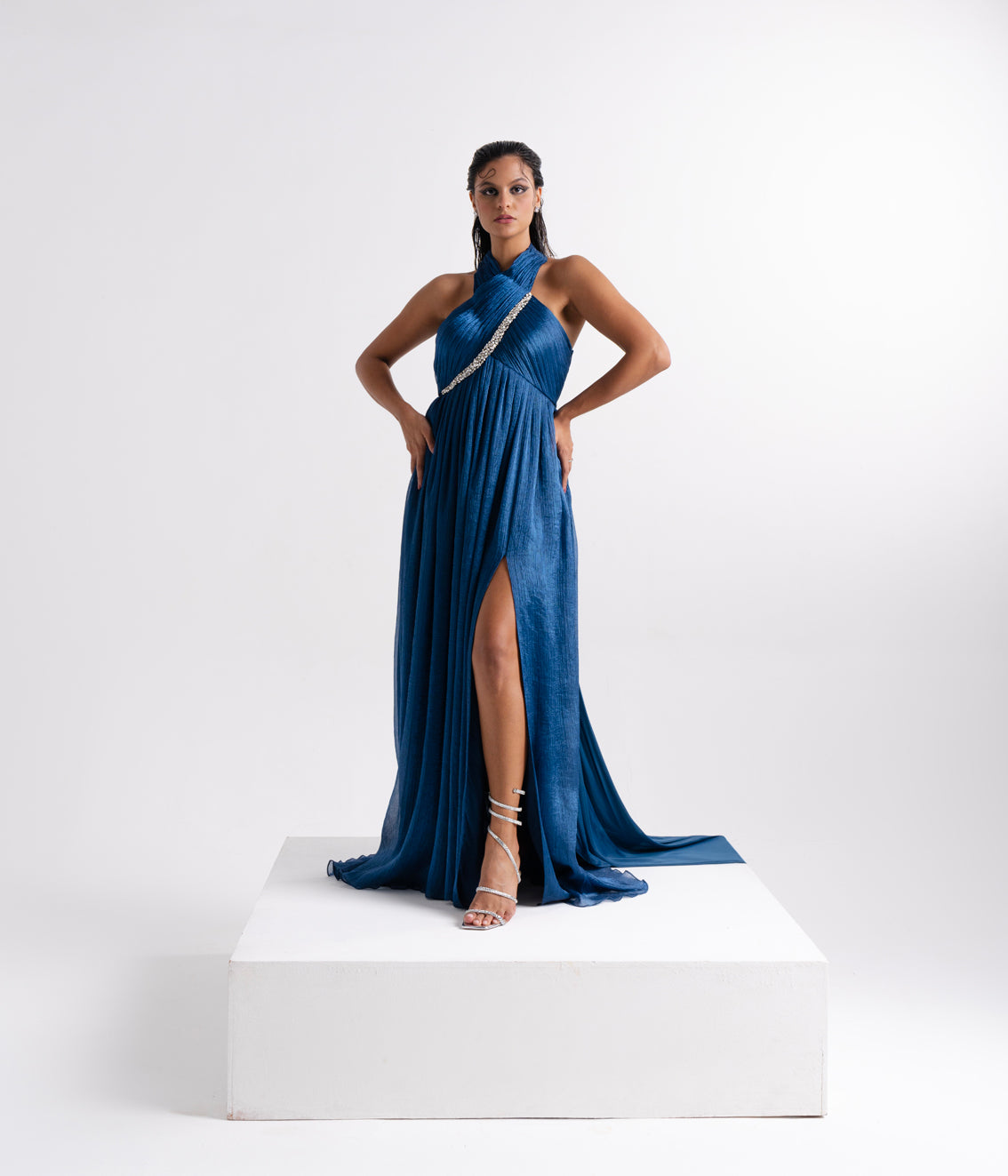 Teal Blue Draped Sheer Saree Set