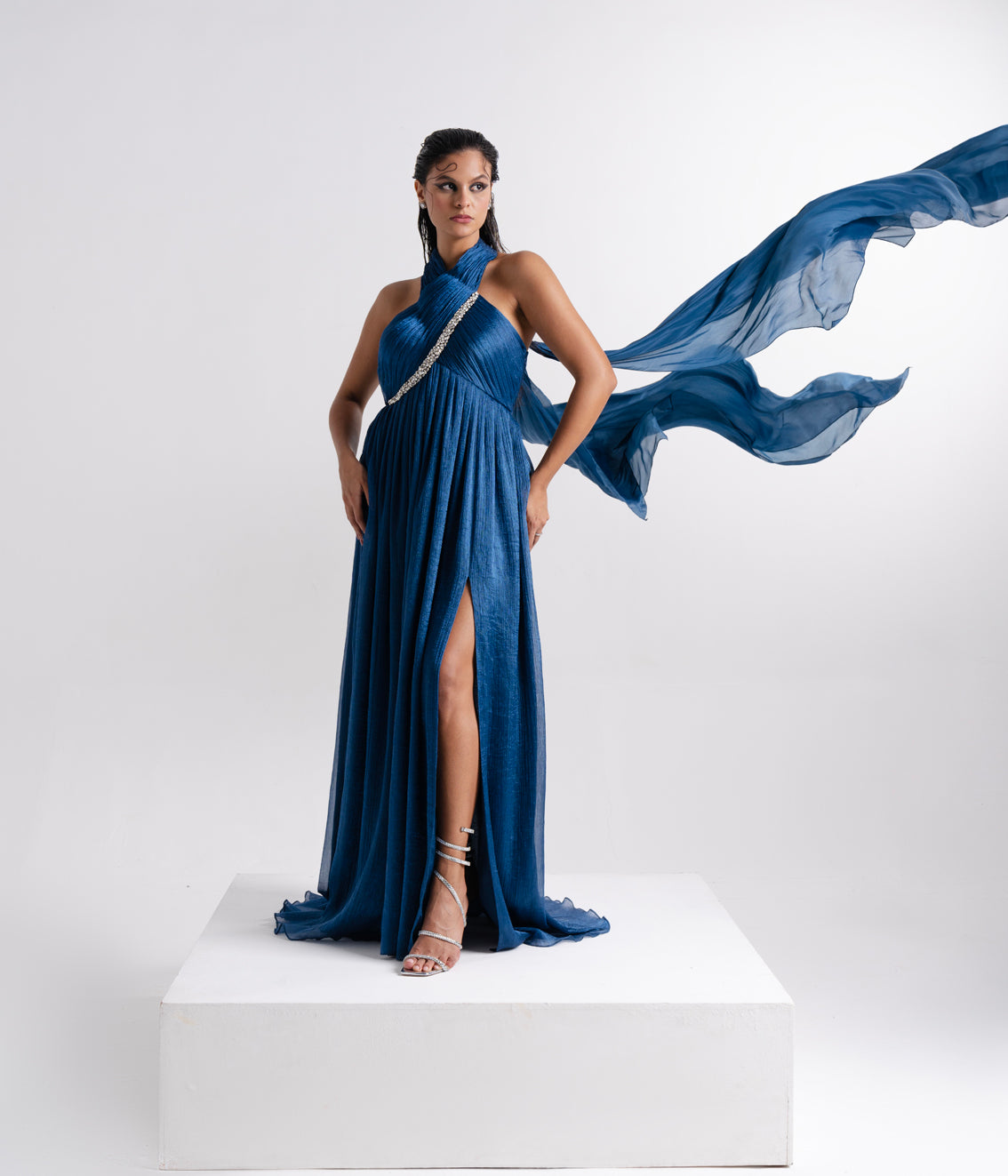 Teal Blue Draped Sheer Saree Set