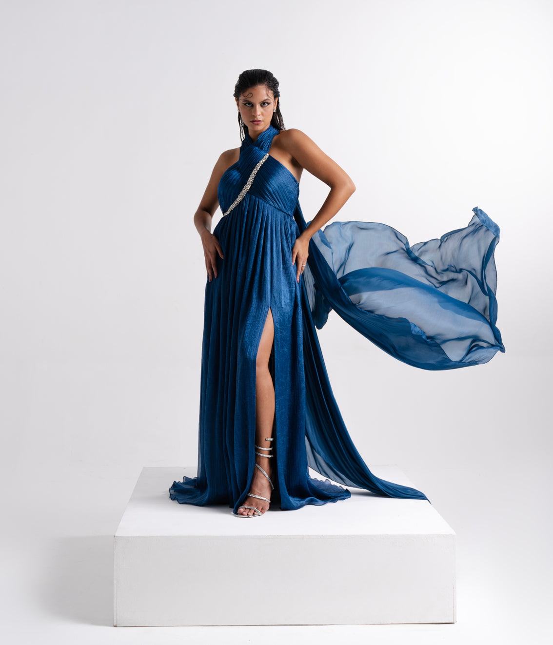 Teal Blue Draped Sheer Saree Set