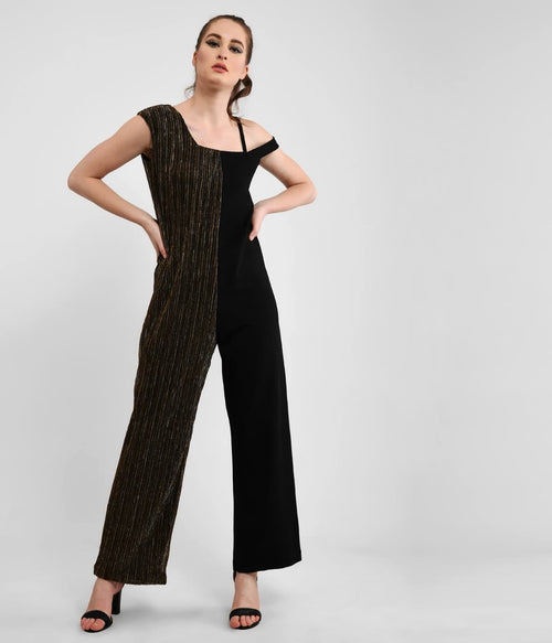 Split Personality Metallic Black & Gold Asymmetric Jumpsuit